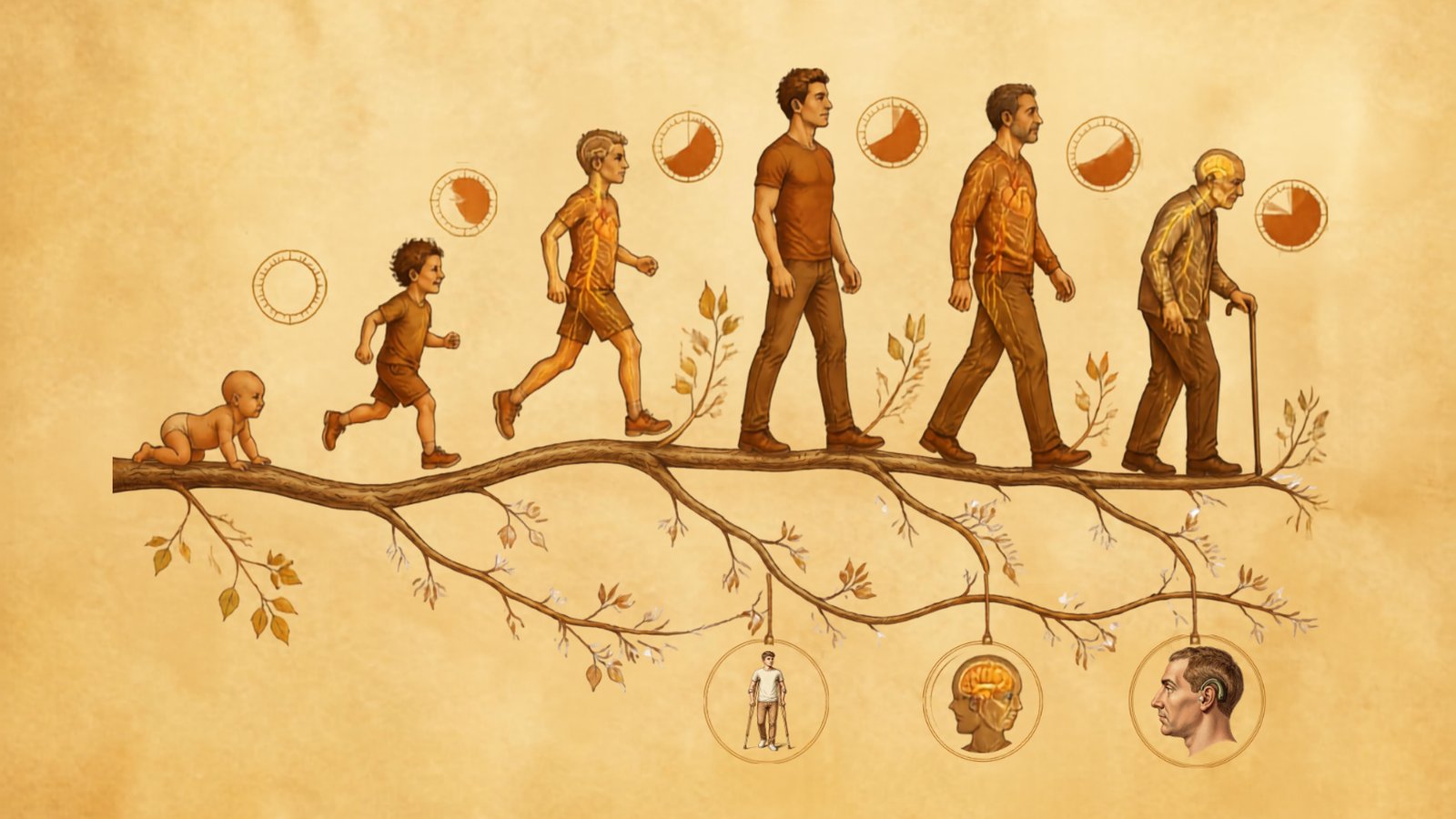 A person moves through life stages along a tree branch, with clocks marking the years and branches below leading to mobility, cognitive, and hearing disability.
