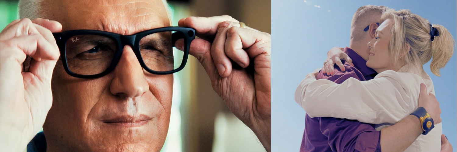 Left, an older man adjusting a pair of black Ray-Ban Meta glasses. Right, two people embracing outdoors, one wearing a navy and gold HapWare ALEYE wristband.