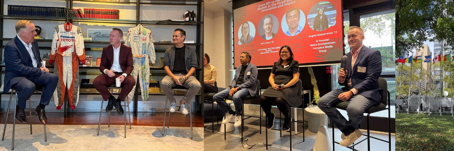 Three photos from UNGA week. Left, Tony de Fougerolles, Rich Palmer and Sahil Kothari in conversation on stools in front of a shelf of framed racing suits. Center, Rich speaking into a microphone on the RPI panel, seated with fellow panelists in front of a screen listing their names. Right, the row of national flags outside United Nations headquarters.